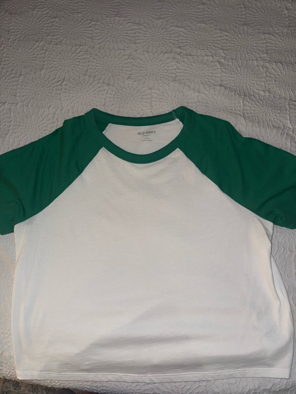 Old Navy White Tee with Green Raglan Sleeves